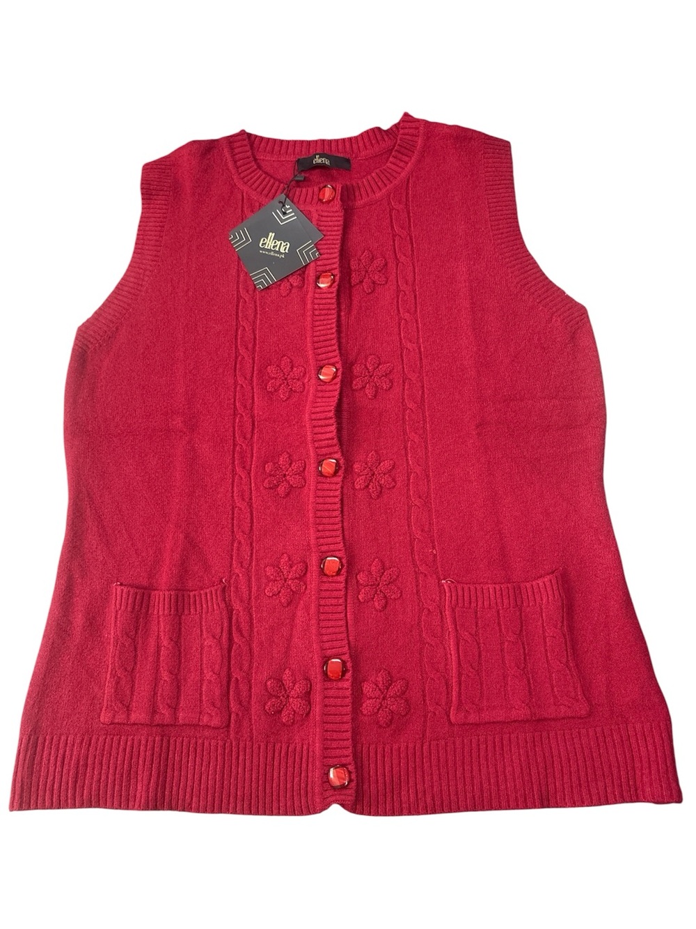 Red Floral Knit Button-Front Sleeveless Cardigan